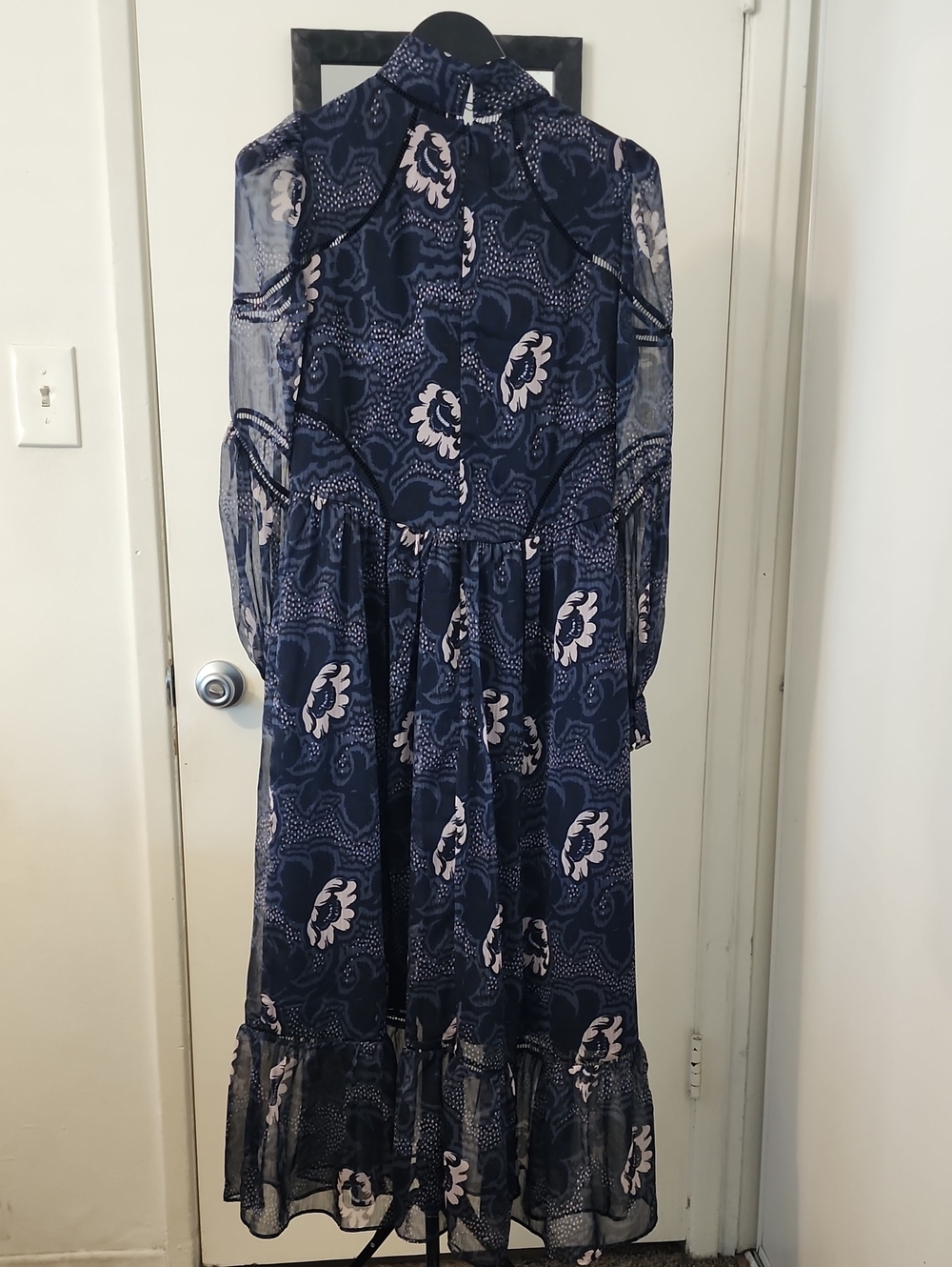 Ted Baker London Navy Floral Chiffon Midi Dress High Neck Long Sleeve Size 2 - Picture 8 of 16